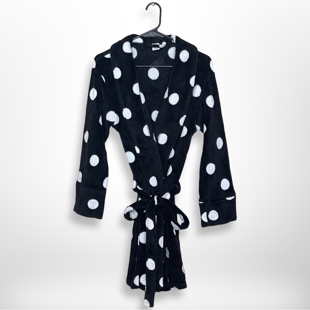 PINK Victoria’s Secret Black/White Polka Dot Plush Fleece Belted Mini Robe M/L - Picture 5 of 7
